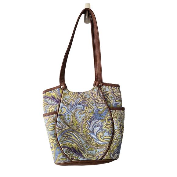 Longaberger Tote Blue Green Paisley Faux Leather Trim Handles EUC - Picture 5 of 12